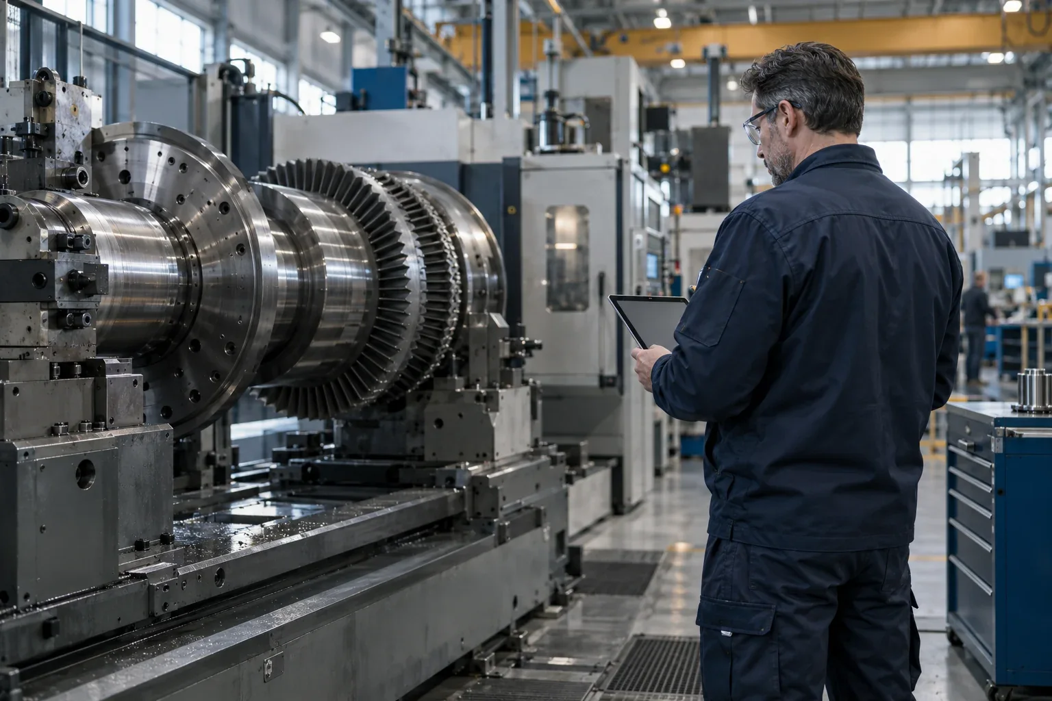 Maintenance engineer using a tablet beside industrial equipment