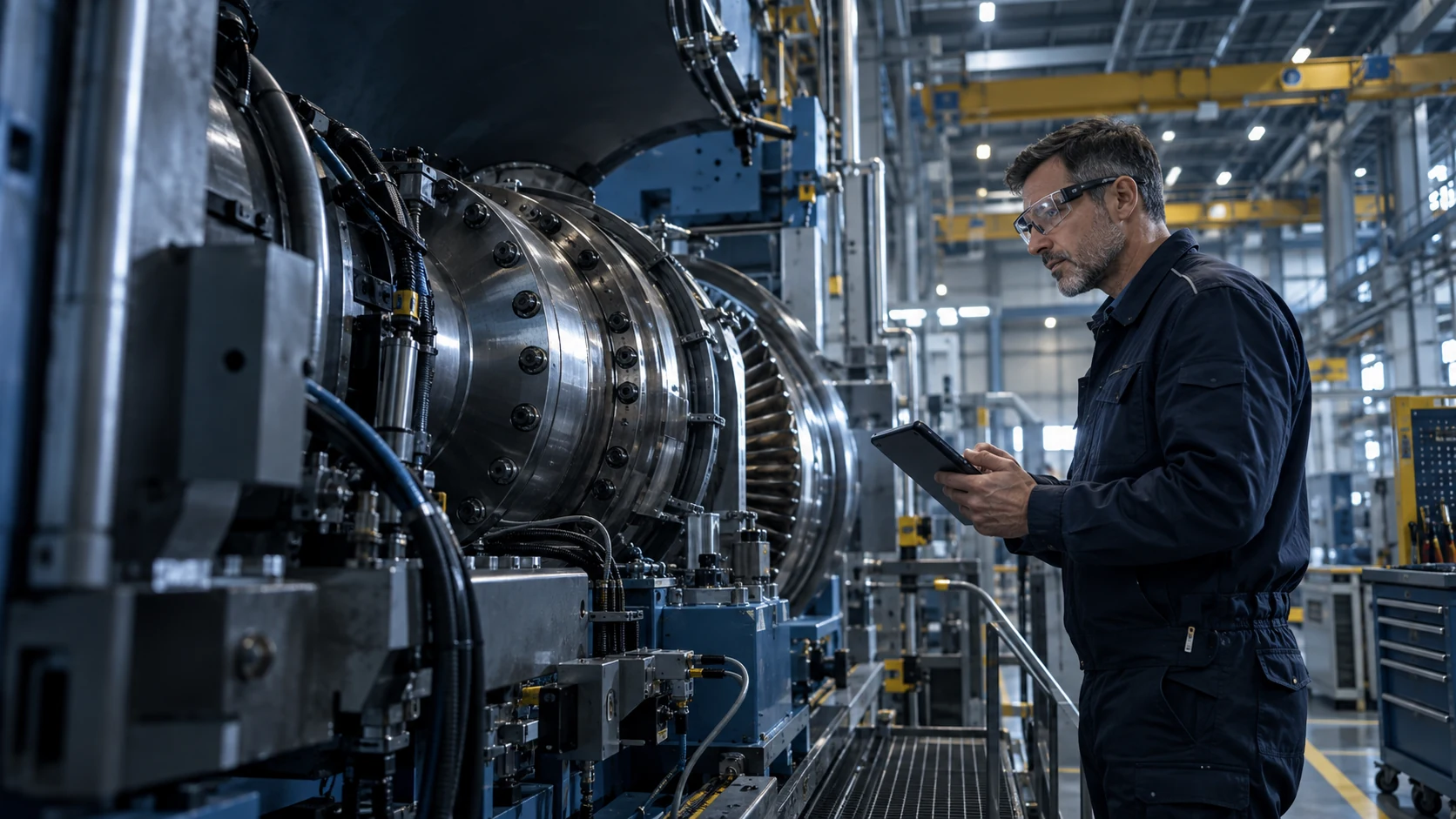 Industrial maintenance technician using practical XR glasses beside precision machinery